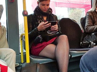 Sexy pantyhose legs on bus